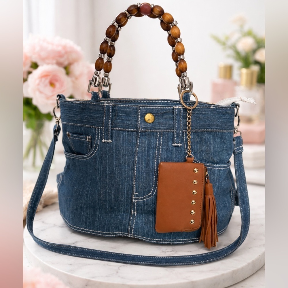 VTG Baggy Jeans Y2K Upcycled Denim skirt Bag with Beaded Straps & Coin Purse